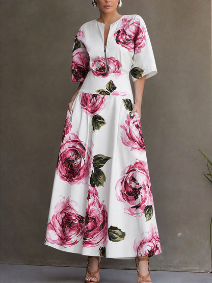 Zipper Split-Joint Pockets Flower Print High Waisted Half Sleeves Round-neck Maxi Dresses