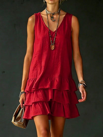 Loose Sleeveless Layered Solid Color V-Neck Mini Dresses