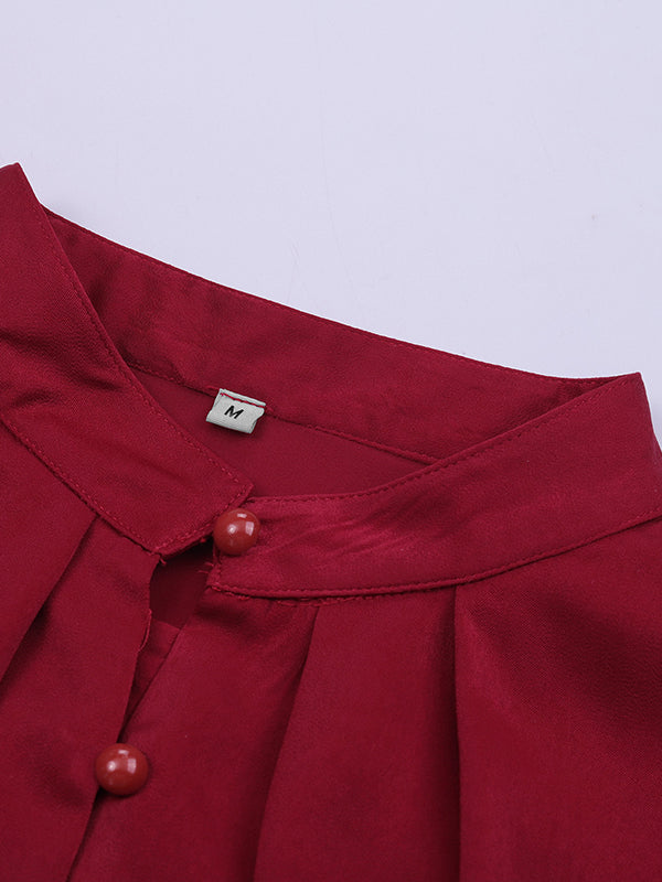 Loose Puff Sleeves Pleated Solid Color Split-Joint Stand Collar Blouses