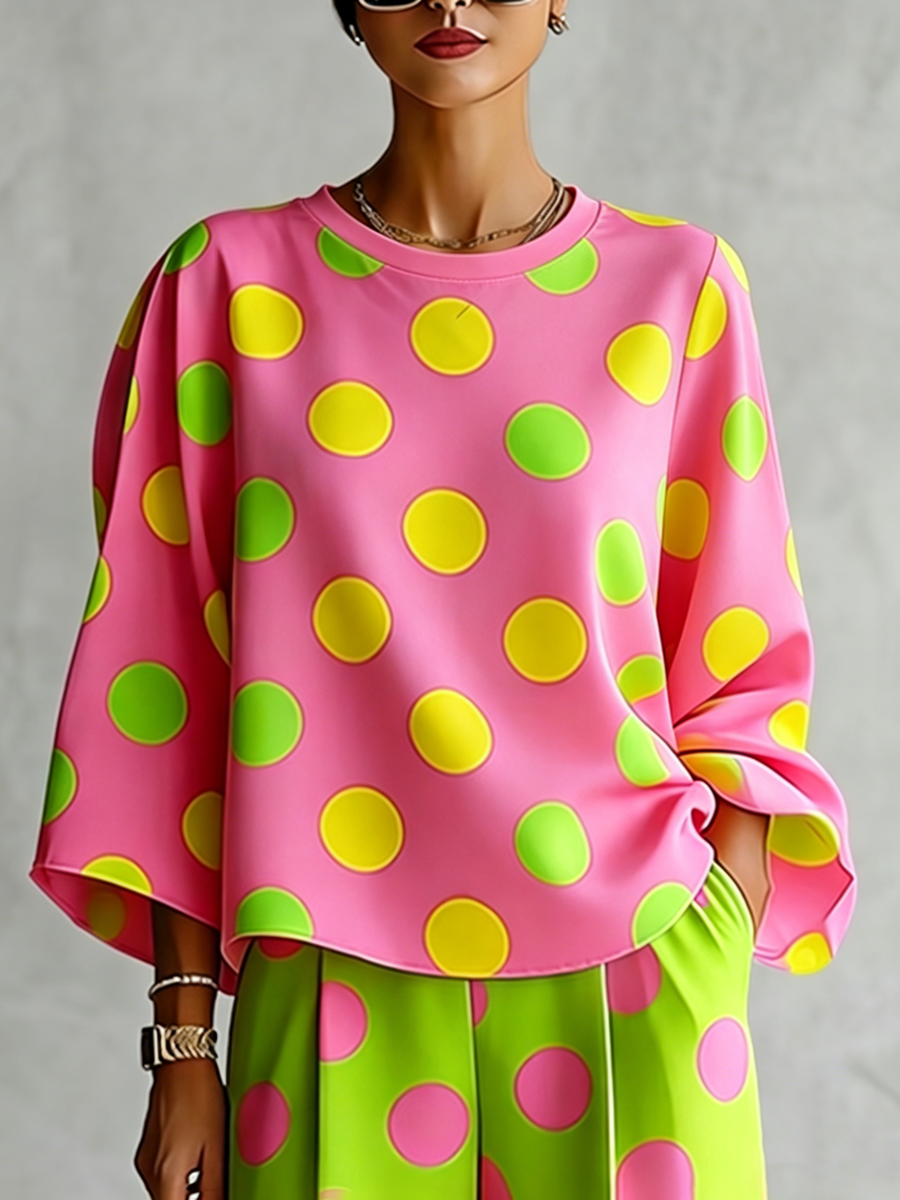 Loose Three-Quarter Sleeves Contrast Color Polka-Dot Round-Neck Blouses&Shirts Tops