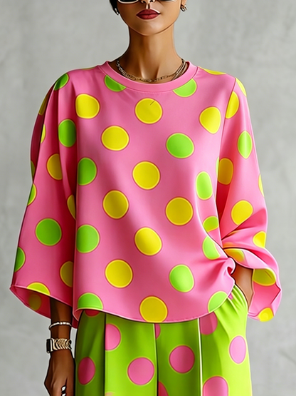 Loose Three-Quarter Sleeves Contrast Color Polka-Dot Round-Neck Blouses&Shirts Tops