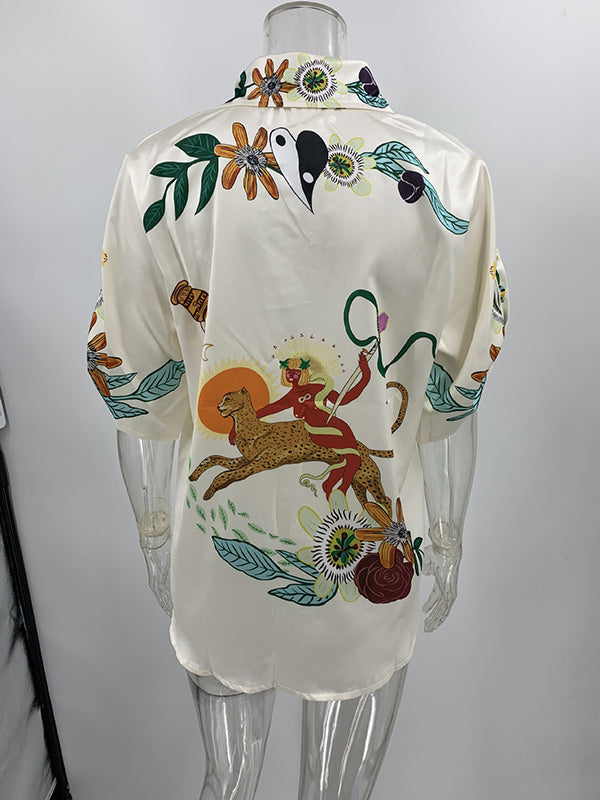 Half Sleeves Loose Buttoned Flower Print Pockets Lapel T-Shirt Top + Drawstring Elasticity Pants Bottom Two Pieces Set