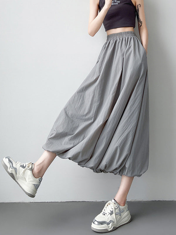 A-Line Loose Elasticity Pleated Pockets Solid Color Skirts Bottoms