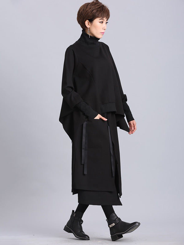 Raised Bands Split-Joint Asymmetric Black Empire Skirt