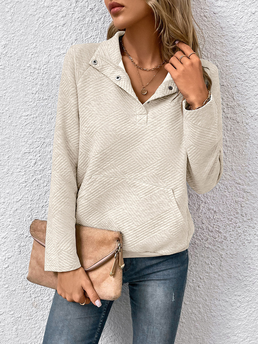 Textured Split-Joint Solid Color Pockets Buttoned Loose Long Sleeves Polo Sweatshirt Tops