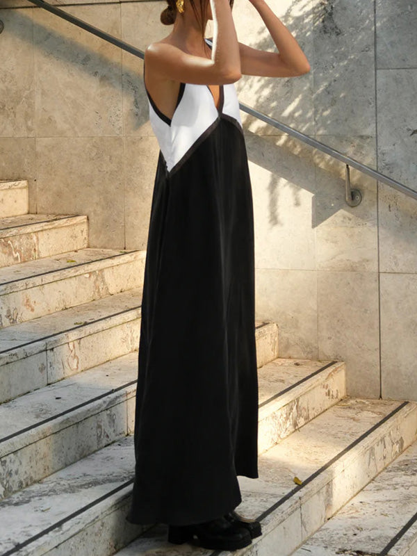 Loose Sleeveless Contrast Color Split-Joint Deep V-Neck Maxi Dresses