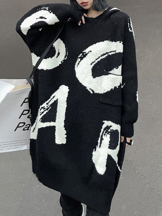 Long Sleeves Loose Knitted Letters Pockets Hooded Mini Dresses Sweater Dresses