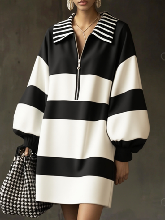 Long Sleeves Puff Sleeves Contrast Color Striped Zipper Lapel Mini Dresses