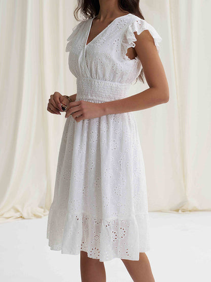 A-Line Loose Elasticity Hollow Pleated Solid Color V-Neck Mini Dresses