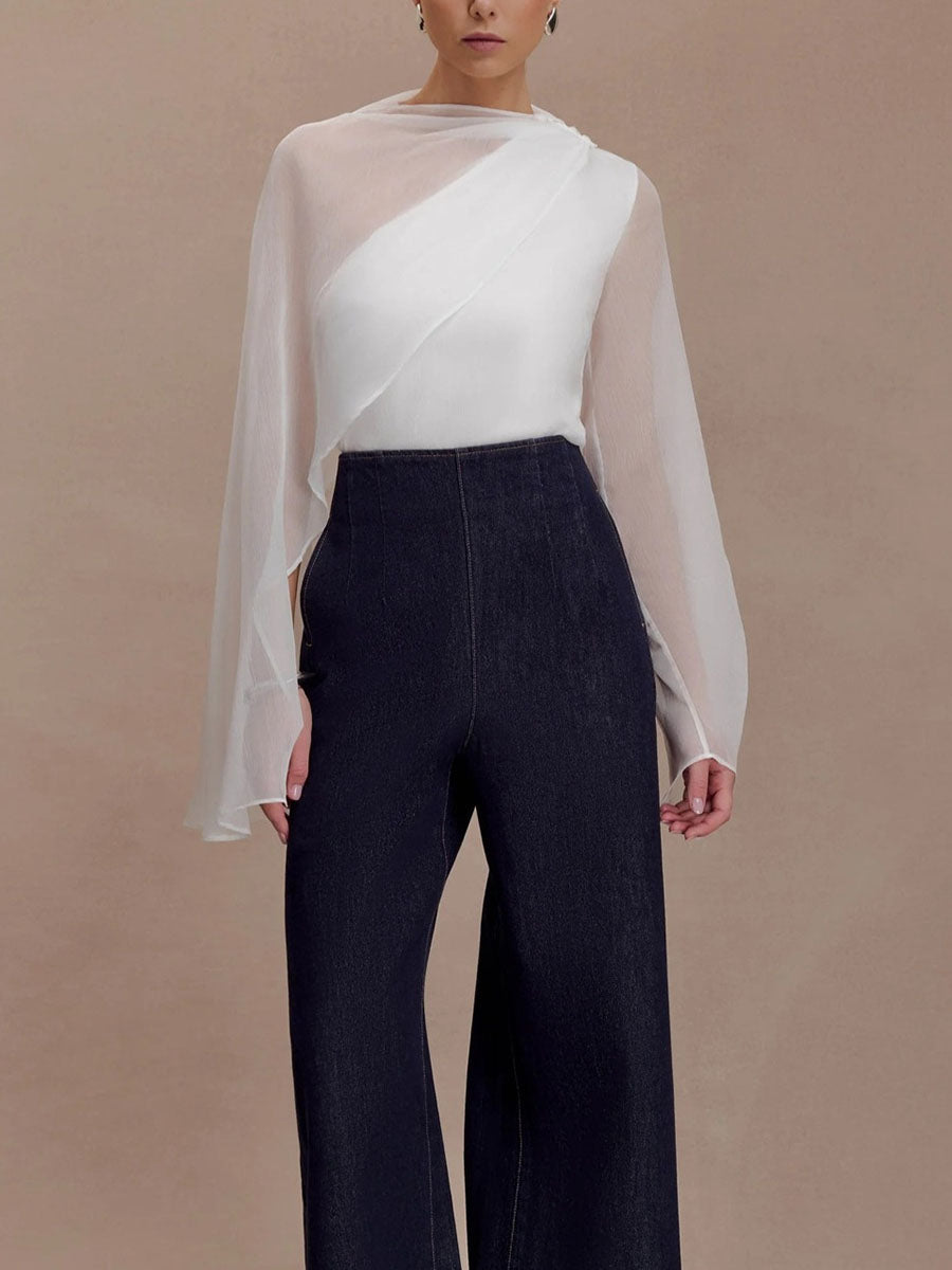 Cape Wrap Asymmetric See-Through Solid Color Split-Joint Round-Neck Blouses&Shirts Tops