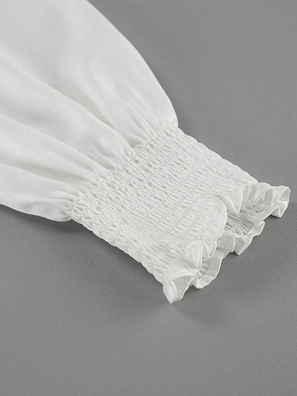 Loose Puff Sleeves Elasticity Pleated Solid Color Split-Joint V-Neck Blouses&Shirts Tops