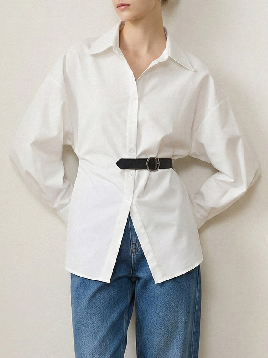 Long Sleeves Loose Belted Buttoned Contrast Color Split-Joint Lapel Blouses&Shirts Tops