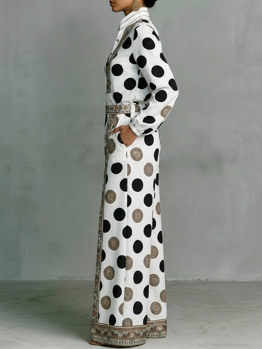 Long Sleeves Loose Buttoned Contrast Color Polka Dot Printed Stand Collar Blouses&Shirts Tops