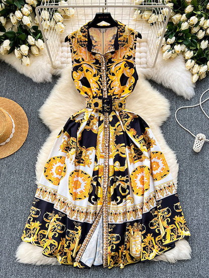 Sleeveless Belt Buckle Buttoned Contrast Color Floral Printed Midi Dresses