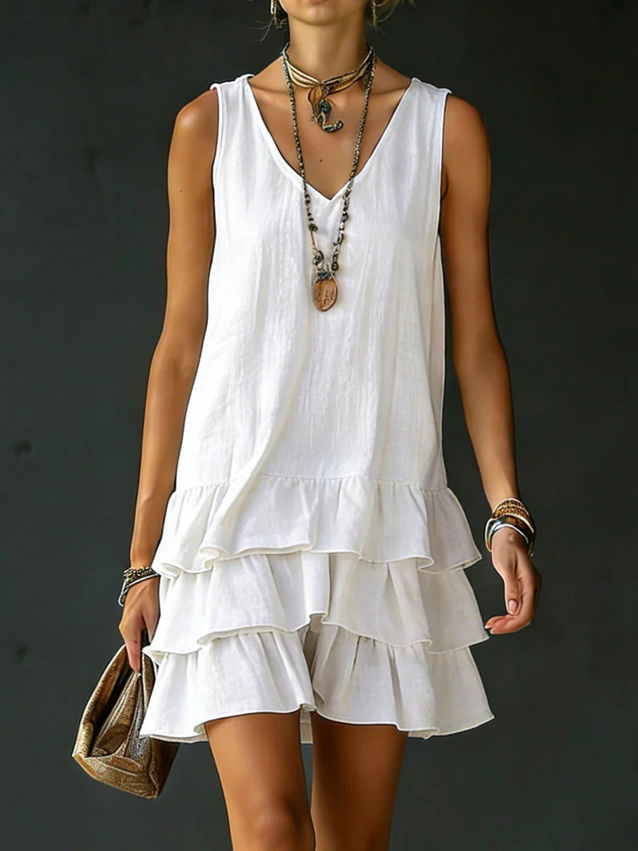 Loose Sleeveless Layered Solid Color V-Neck Mini Dresses