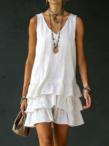 Loose Sleeveless Layered Solid Color V-Neck Mini Dresses