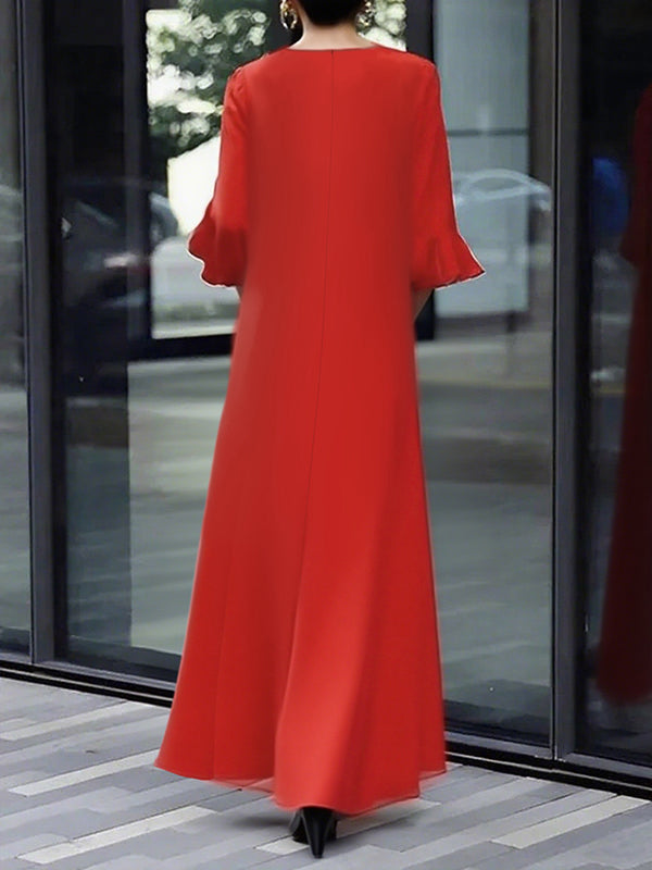 A-Line Flared Sleeves Solid Color Zipper Round-Neck Maxi Dresses