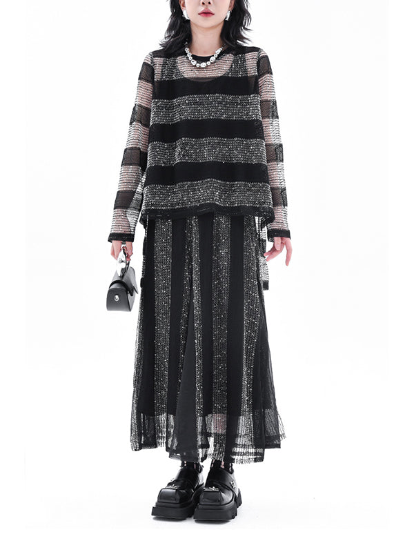 Striped Contrasting Color Elastic Round-Neck  Long-Sleeved See-Through Blouses&Shirts Tops+ Skirt Bottom Two Pieces Set