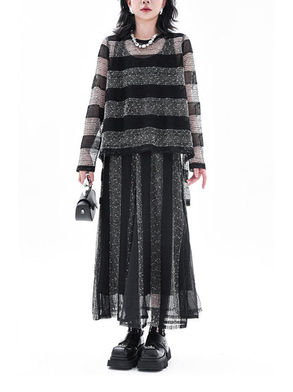 Striped Contrasting Color Elastic Round-Neck  Long-Sleeved See-Through Blouses&Shirts Tops+ Skirt Bottom Two Pieces Set