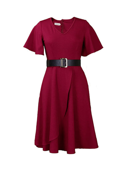 Irregular Clipping Plus Size Belted Solid Color Round-Neck Midi Dresses