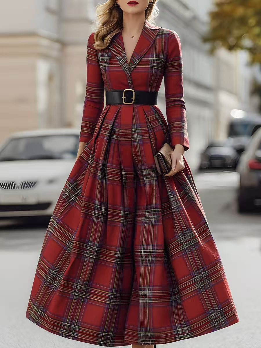 A-Line Bodycon Belted Contrast Color Plaid Split-Joint Lapel Maxi Dresses