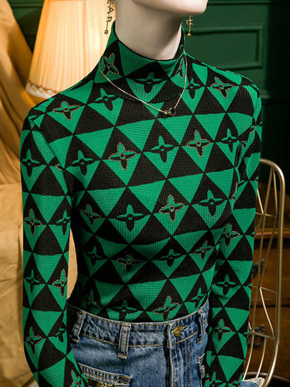 Long Sleeves Skinny Bronzing Contrast Color High Neck T-Shirts Tops