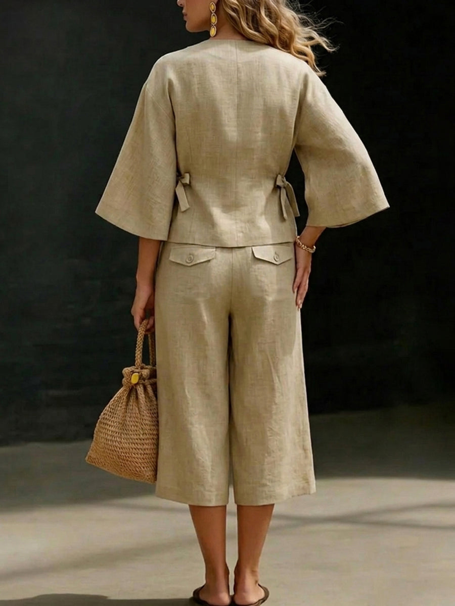 Cropped Wide Leg Elasticity Pleated Pockets Solid Color Pants Trousers