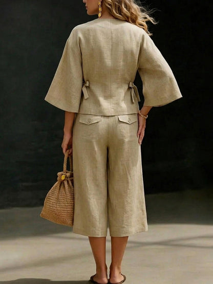 Cropped Wide Leg Elasticity Pleated Pockets Solid Color Pants Trousers