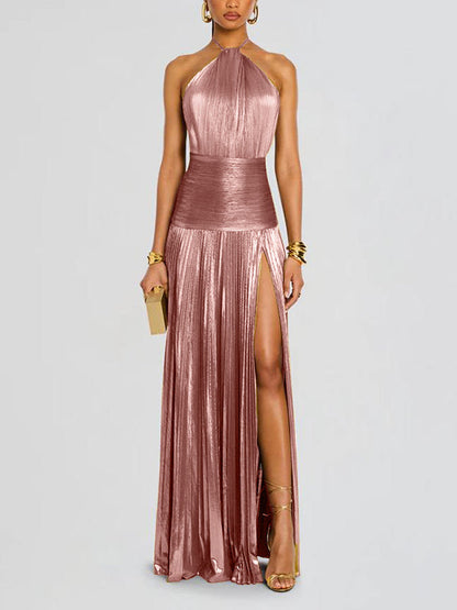 Elasticated Waist Sleeveless Pleated Shiny Solid Color Split-Side Halter-Neck Maxi Dresses