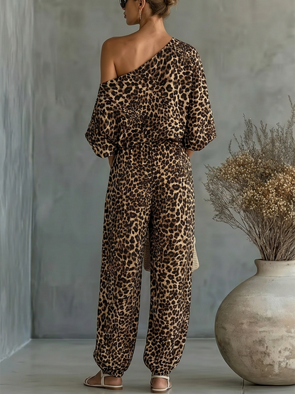 Half Sleeves Leopard Printed One-Shoulder Blouses&Shirts Tops + Pleated Pockets High Waisted Ankle-Tied Pants Trousers Two Pieces Set