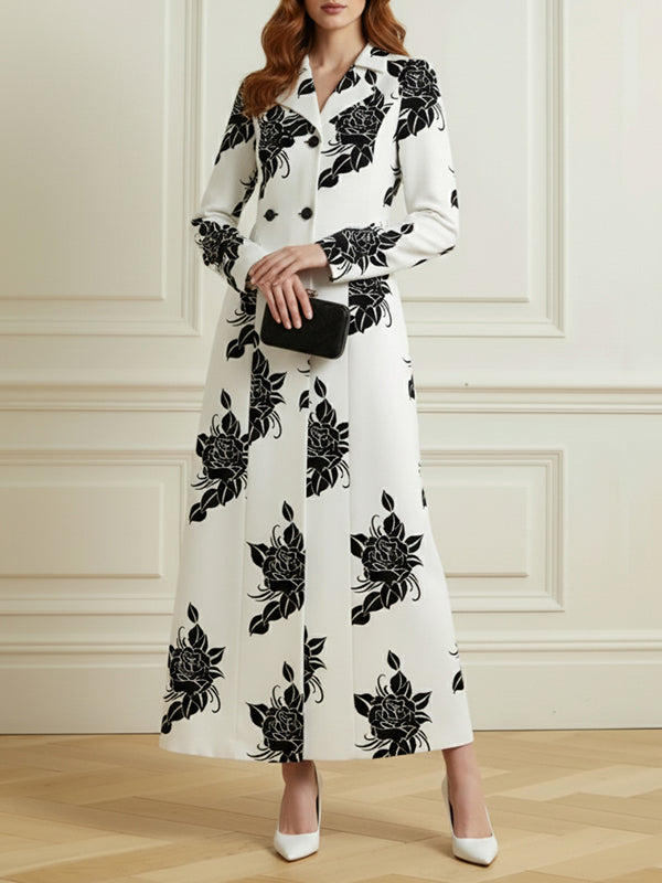 Long Sleeves Buttoned Contrast Color Double-Breasted Flower Print Pockets Lapel Overcoat