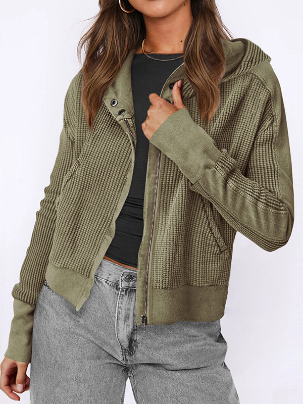 Veste à capuche, manches longues, poches boutonnées, fermeture éclair fendue, vêtements d'extérieur à capuche 