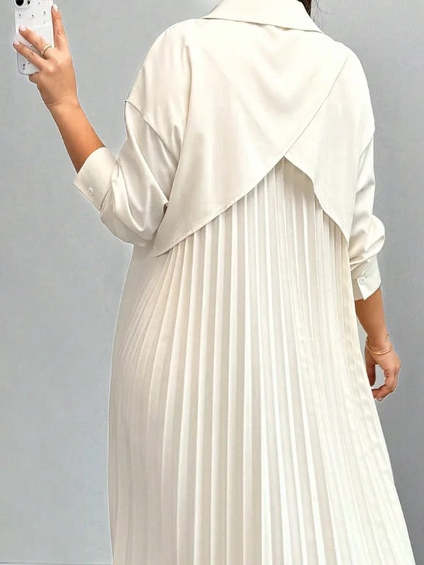 High-Low Long Sleeves Buttoned Pleated Solid Color Lapel Midi Dresses Shirt Dress