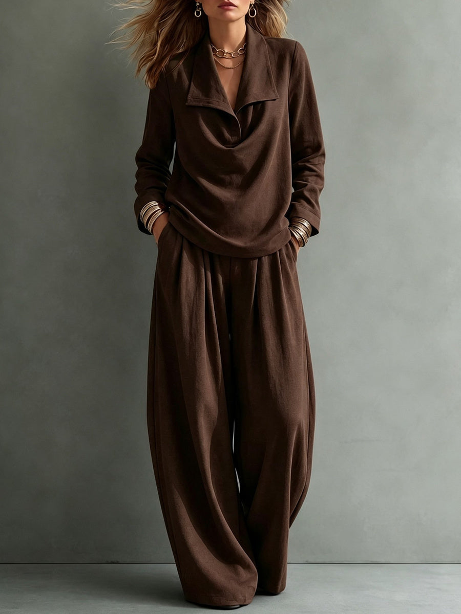 Solid Color Lapel Long Sleeves Blouses&shirts Tops + High Waisted Pleated Pockets Pants Trousers Two Pieces Set