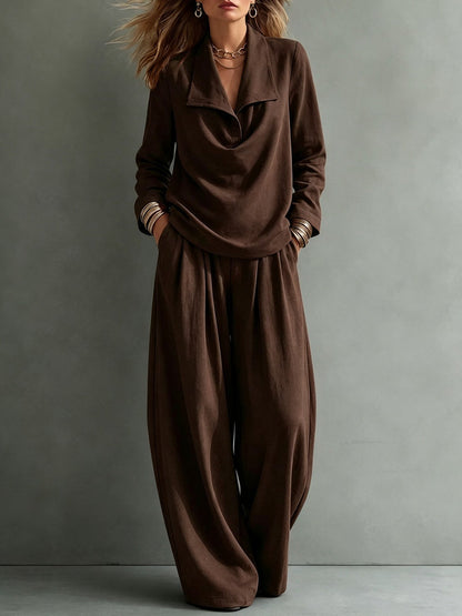 Solid Color Lapel Long Sleeves Blouses&shirts Tops + High Waisted Pleated Pockets Pants Trousers Two Pieces Set