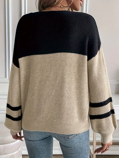 Long Sleeves Loose Contrast Color Split-Joint Round-Neck Pullovers Sweater Tops
