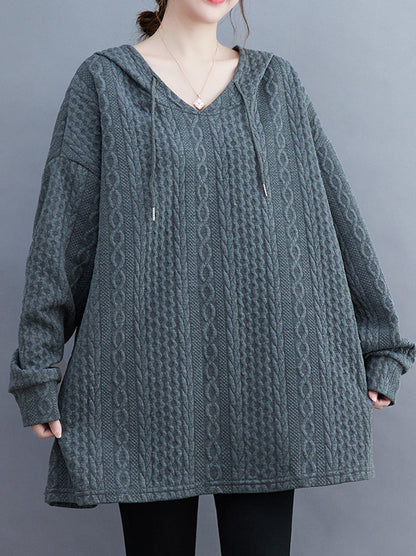 Solid Color Drawstring Loose Long Sleeves Hooded Hoodies Tops