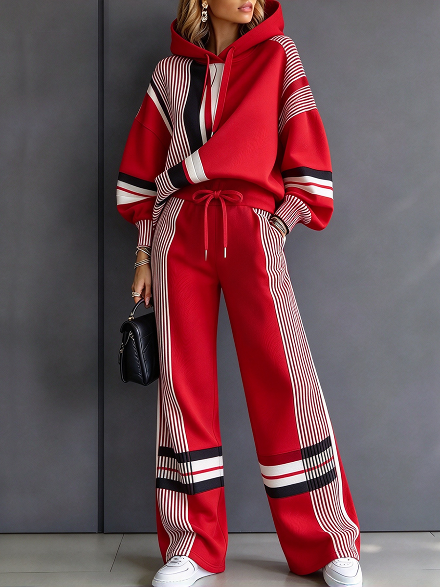 Striped Pockets Drawstring Contrast Color High Waisted Trousers Pants