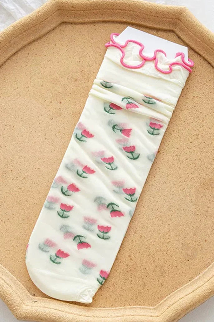 Bundled Pack. Geo Print Ruffle Edge Sheer Socks