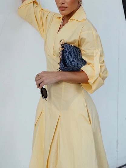 Robe chemise longue trapèze taille haute plissée couleur unie col en V 