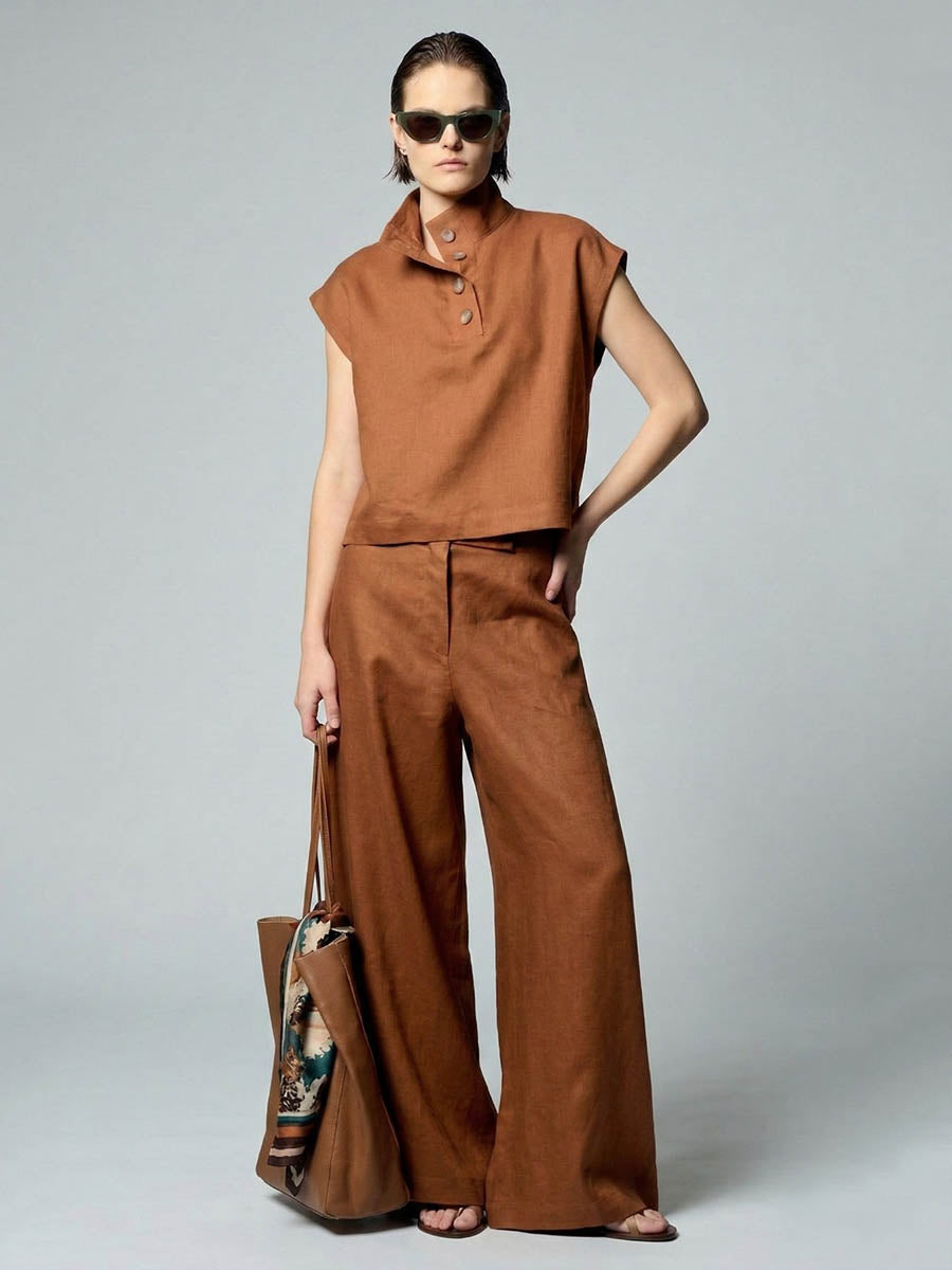 Cropped Sleeveless Buttoned Solid Color Split-Joint Stand Collar Blouses&Shirts Tops
