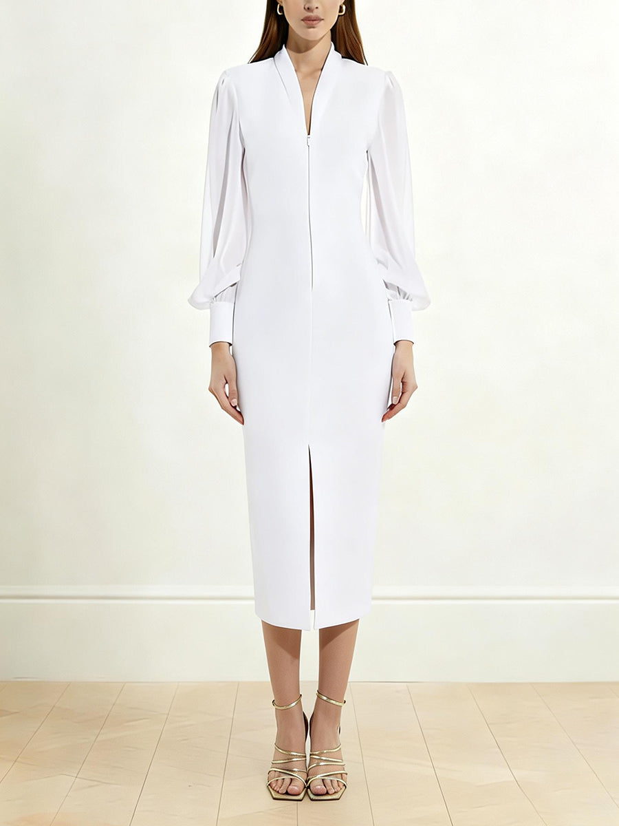 Long Sleeves Puff Sleeves Solid Color Split-Front Split-Joint Zipper V-Neck Midi Dresses