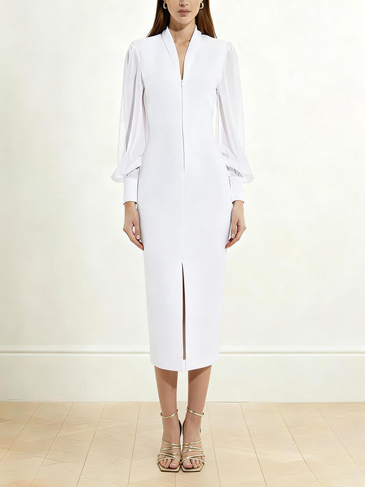 Long Sleeves Puff Sleeves Solid Color Split-Front Split-Joint Zipper V-Neck Midi Dresses