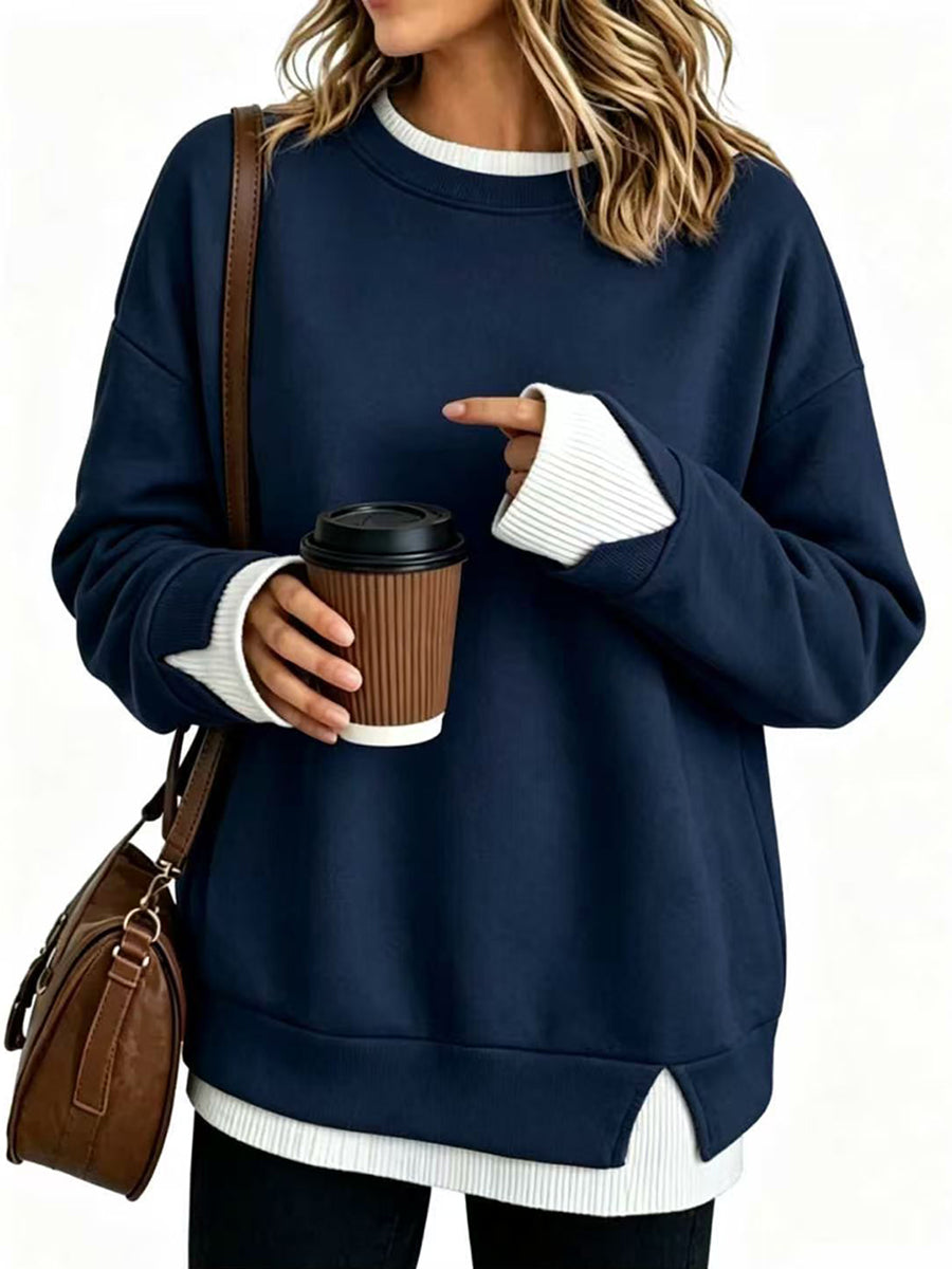 Split-Joint Contrast Color Plus Size Loose Round-neck Sweater Pullovers
