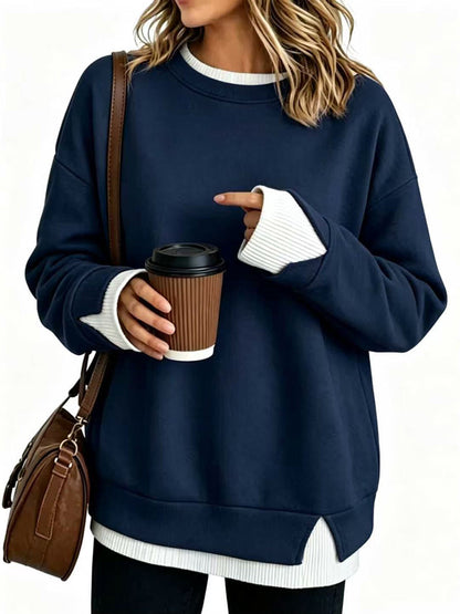 Split-Joint Contrast Color Plus Size Loose Round-neck Sweater Pullovers