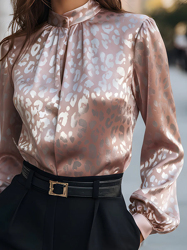 Long Sleeves Buttoned Elasticity Pleated Printed Solid Color Round-Neck Blouses&Shirts Tops