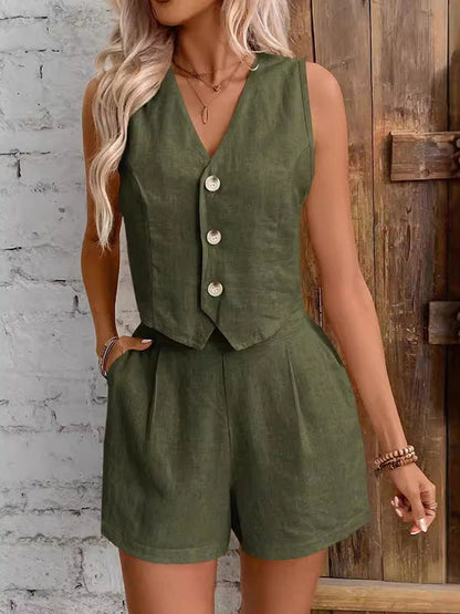 Sleeveless Split-Joint V-Neck Vest + High Waisted Pleated Shorts Two Pieces Set