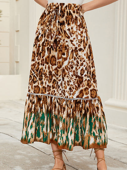 A-Line Loose Drawstring Leopard Split-Joint Skirts Bottoms