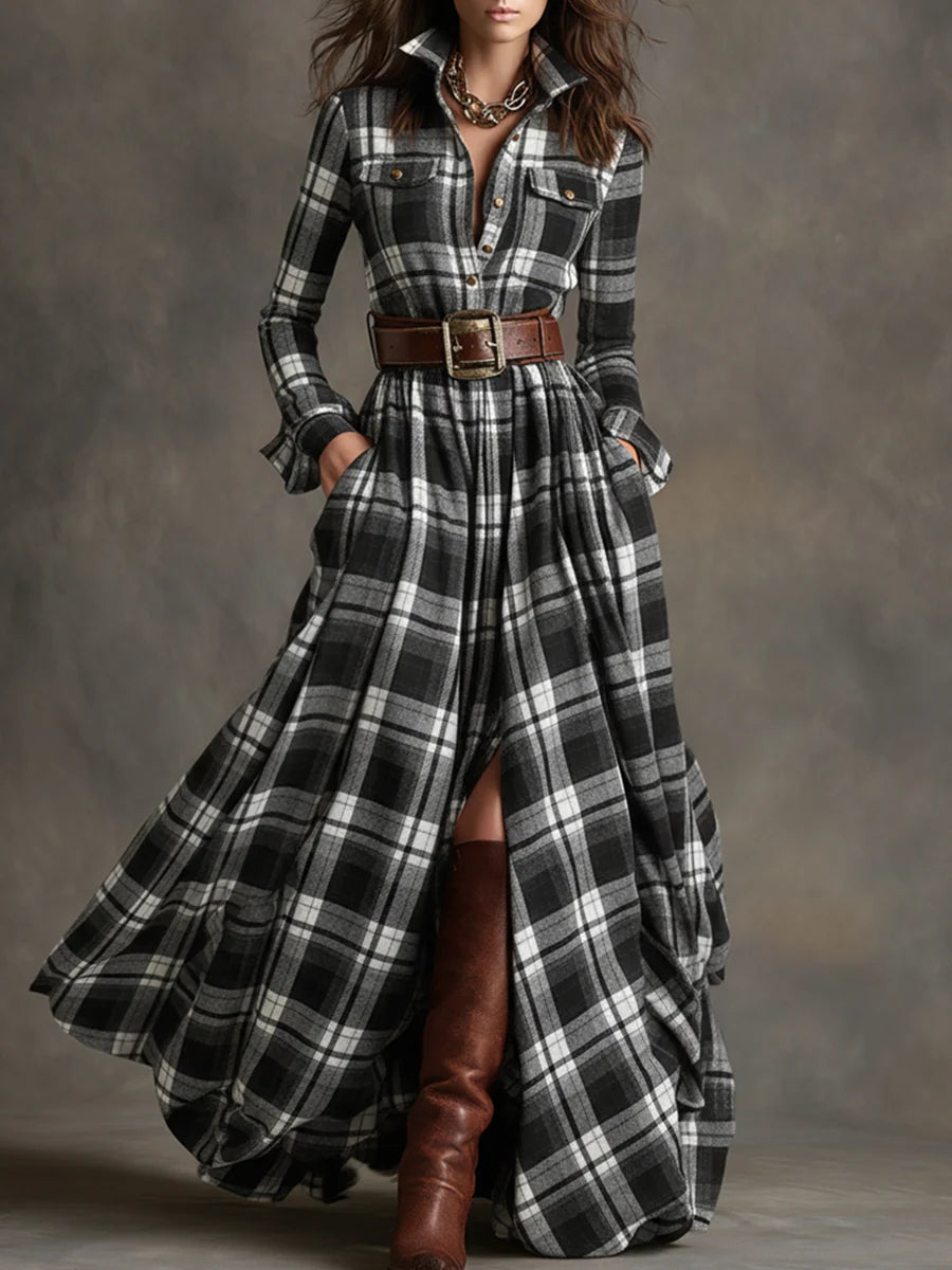 Long Sleeves Buttoned No Belt Plaid Pockets Split-Front Lapel Maxi Dresses