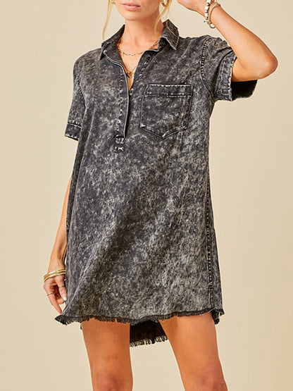 A-Line Loose Fringed Pleated Pockets Split-Joint Lapel Mini Dresses